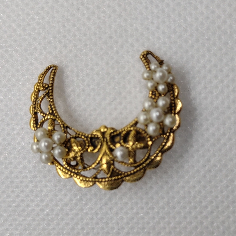 Vintage Filagree Crescent Moon Gold Tone With Faux Pearl Accents